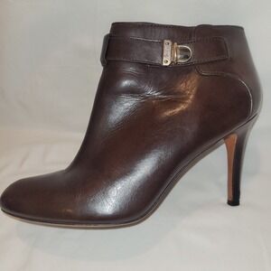 Coach Sondra Chocolate Brown Leather Ankle Bootie Heel Gold Tone Buckle Sz 9.5B‎